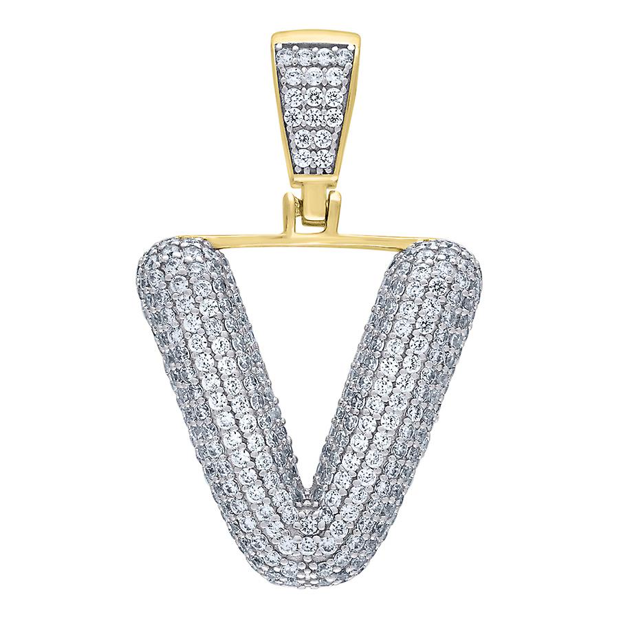 925 Sterling Silver Yellow tone Unisex Cubic Zirconia Bubble Letter Name Personalized Monogram Initial Alphabet V Charm