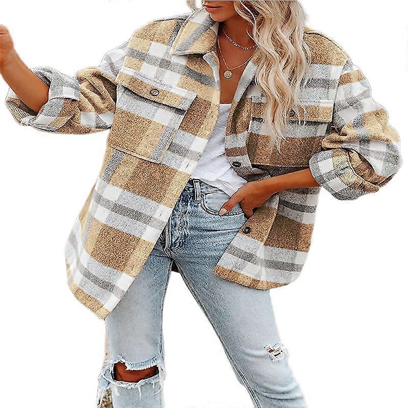 Frauen Langarm Button Down Jacke Damen Herbst Karo Mantel Kurzes Overshirt