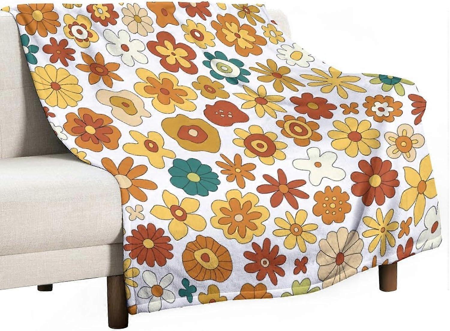بطانية زهرية الهبي خمر ، 70s بوهو مجردة زهور برتقالية صفراء مضحكة طباعة رمي بطانية لموضوع عطلة ديكور المنزل أريكة الفراش 30 "x40"