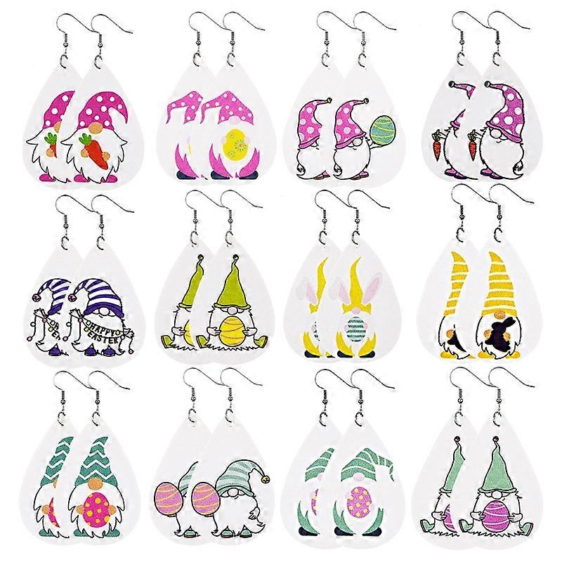 12 pares Gnome Easter Faux Leather Pendientes Gnome Teardrop Dangle Earring Rabbit Easter Egg Dangle Print Gnome Pendientes