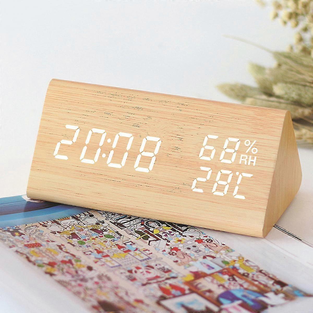 wooden alarm clock, smart led digital clock for bedroom/desks, upgraded with time temperature, adjustable brightness and voice control, humidity displ
