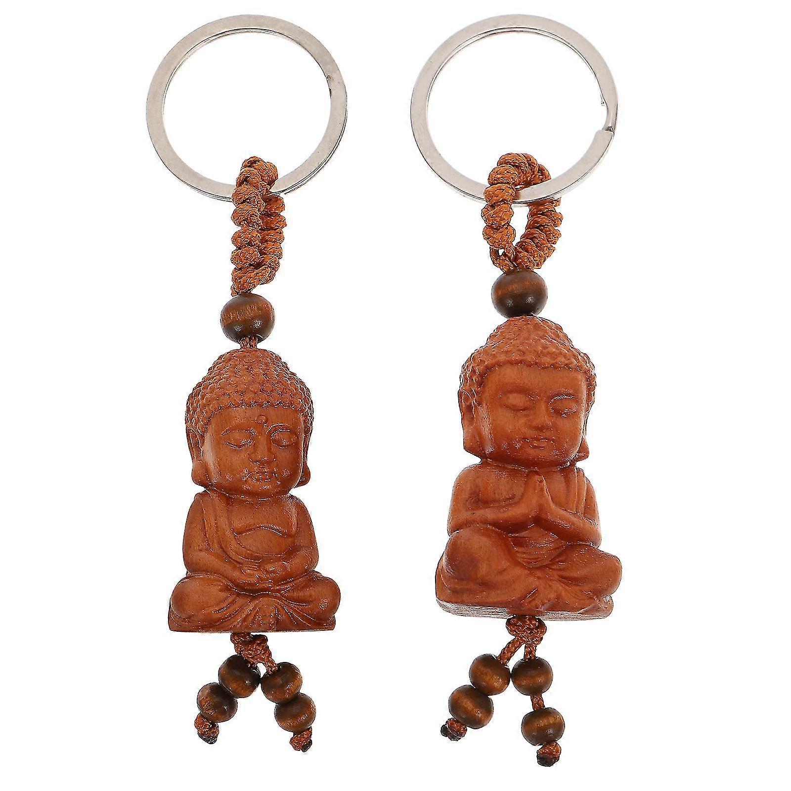 2 db autó dekoráció szerencsés kínai kulcstartó Boldog Buddha kulcstartó Fa Buddha Charm ülő Buddha kulcstartó