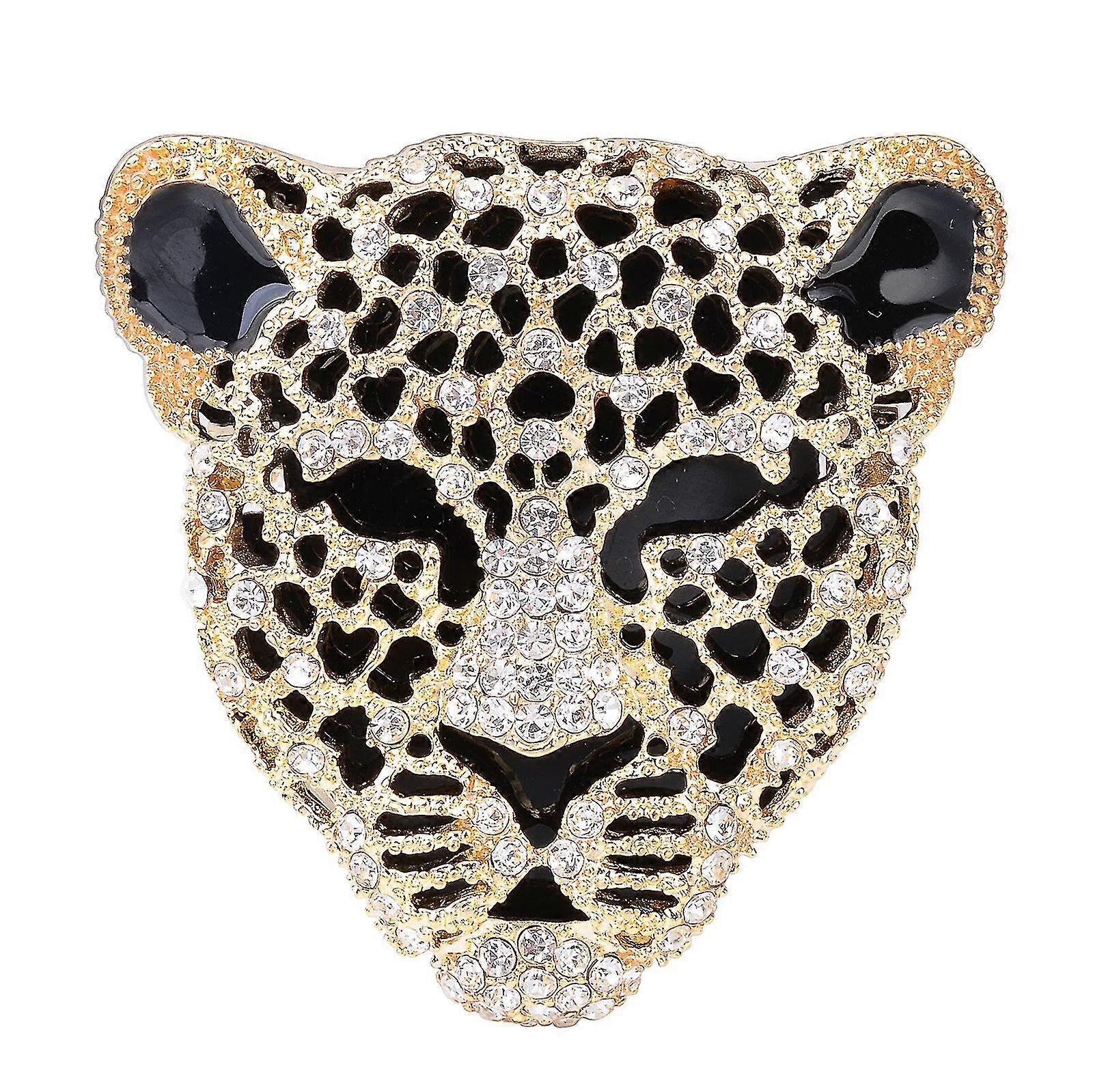 Vintage Black Enamel Spotted Leopard Head Rhinestone Crystal
