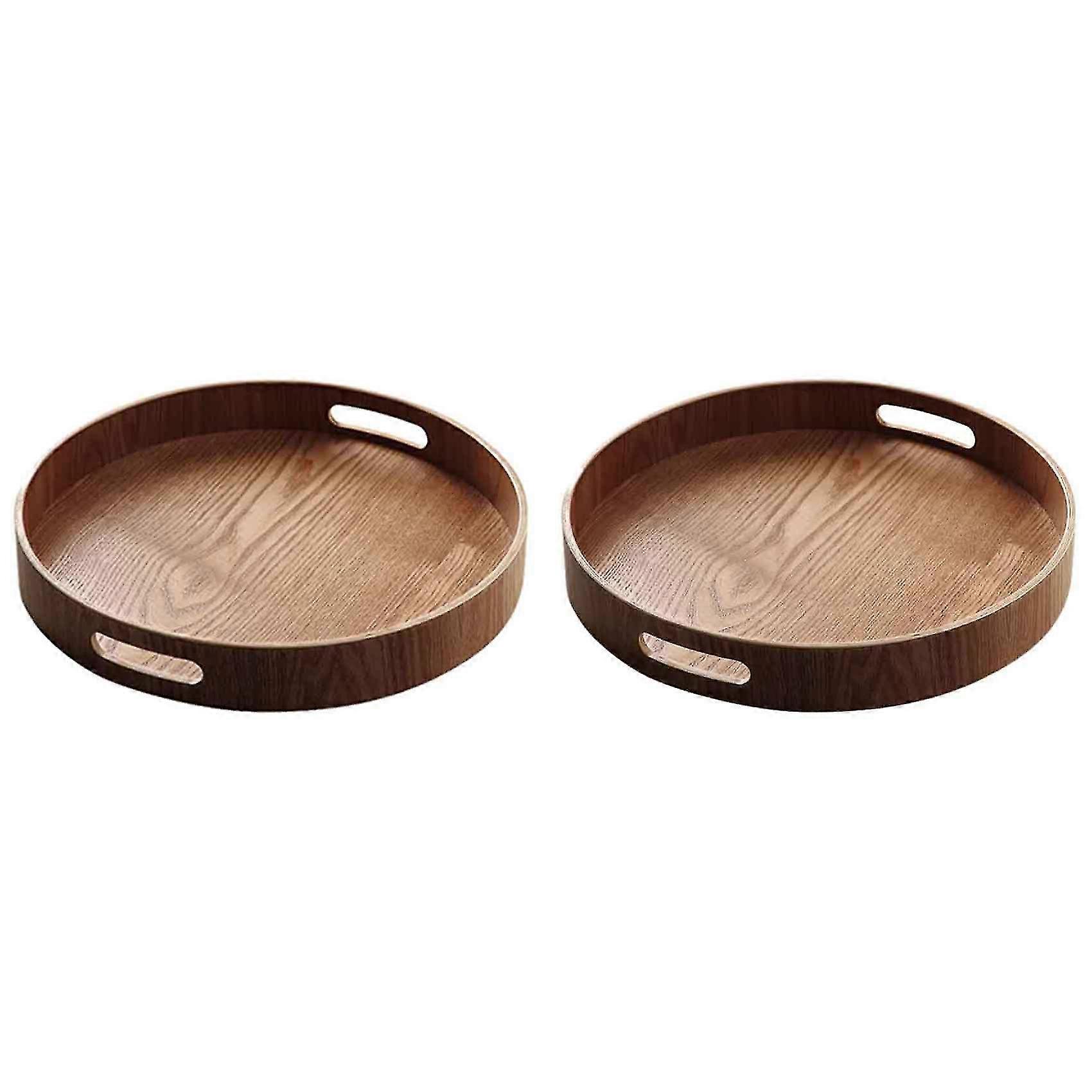 2x Runde Servieren Bambus Holz Tablett für Abendessen Tabletts Tee Bar Frühstück Essen Container Griff Storag
