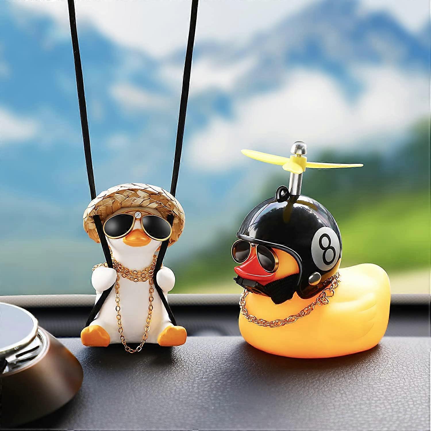 2 Swinging Duck Car Hanging Ornaments Rubber Duck Car Ornament with Propeller Helmet Yellow Duck Car Rearview Mirror Pendant (Cool Style)