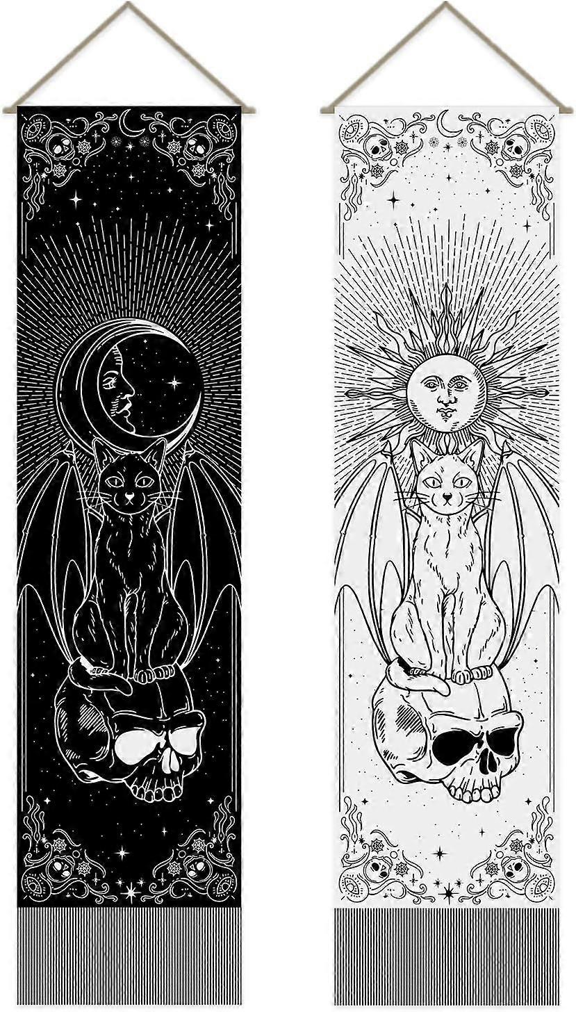 Pack of 2 Gothic Cat Tapestries Divination Skull Vertical Bohemian Tapestry Gothic Devil Cat Tassel Tapestry Wall Hanging for Bedroom Living Room Home