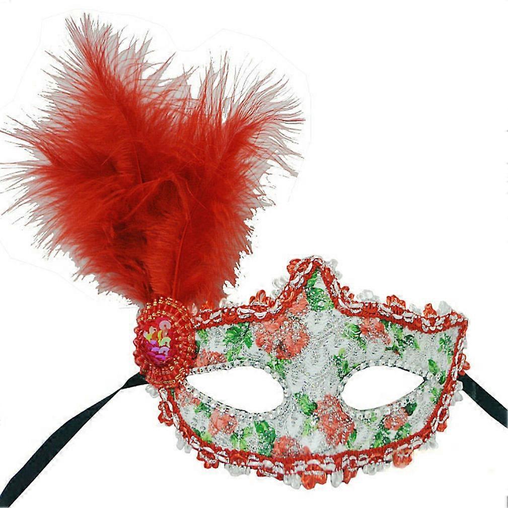 Venice Masquerade Mask Red Feather Half Face Mask Halloween Party Face Cover for Lady
