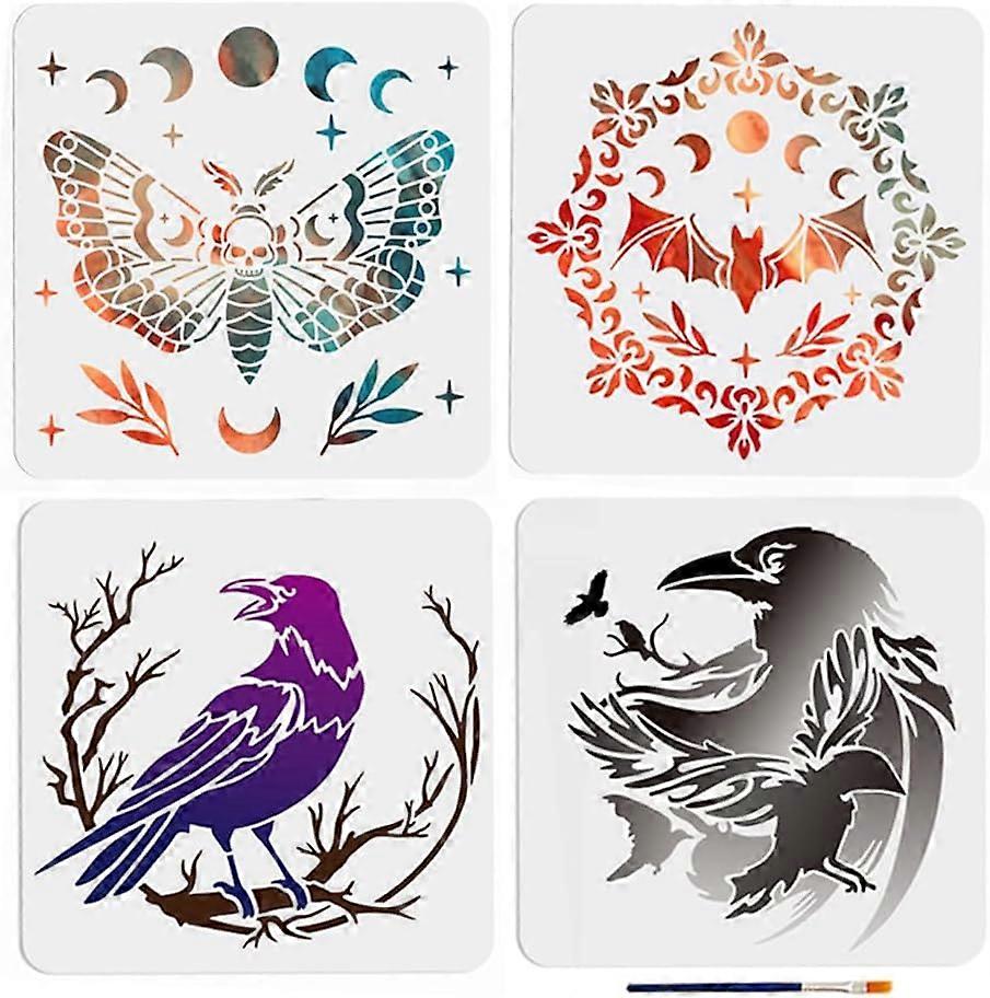 4pcs Crow Bat Moth Stencil 11.811.8inch Large Crow Branch Divination Stencils with Paint Brush Halloween Moon Phase Bat Template for Wood Fabric Wall