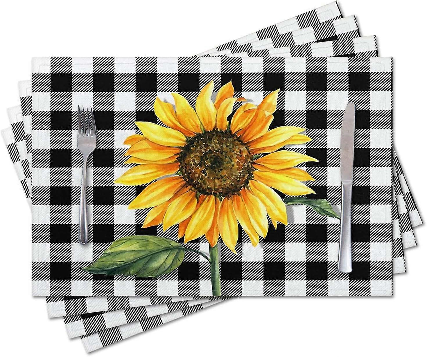 Set de table de 4 pour table à manger, noir et blanc à carreaux tournesol rectangle 12x18 pouces set de table en coton lin, tapis de table lavable pour cuisine de