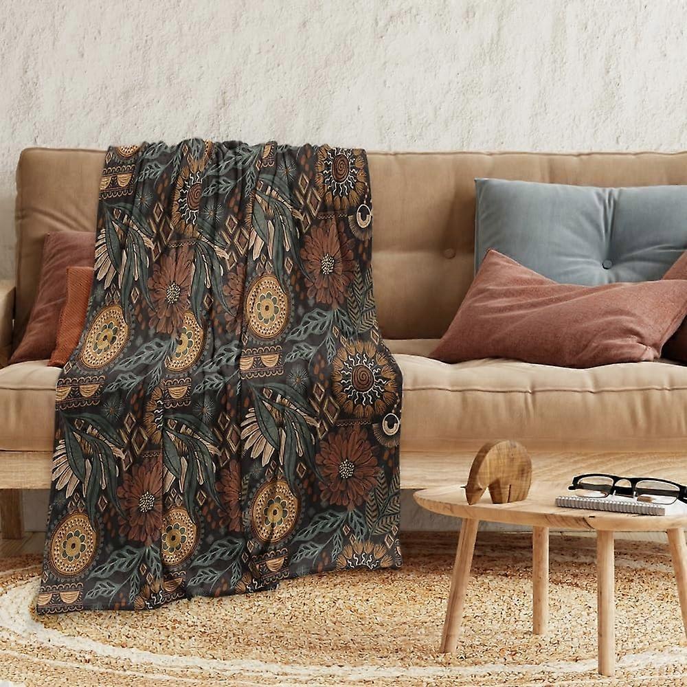 Boho Vintage Blomsterprint Tæppe, Rustik Blød Flannel Letvægts Tæppe, Brun / FerskenPuff / Grøn Botanisk Kaste Tæppe Til Stue Sofa Indretning, Gif
