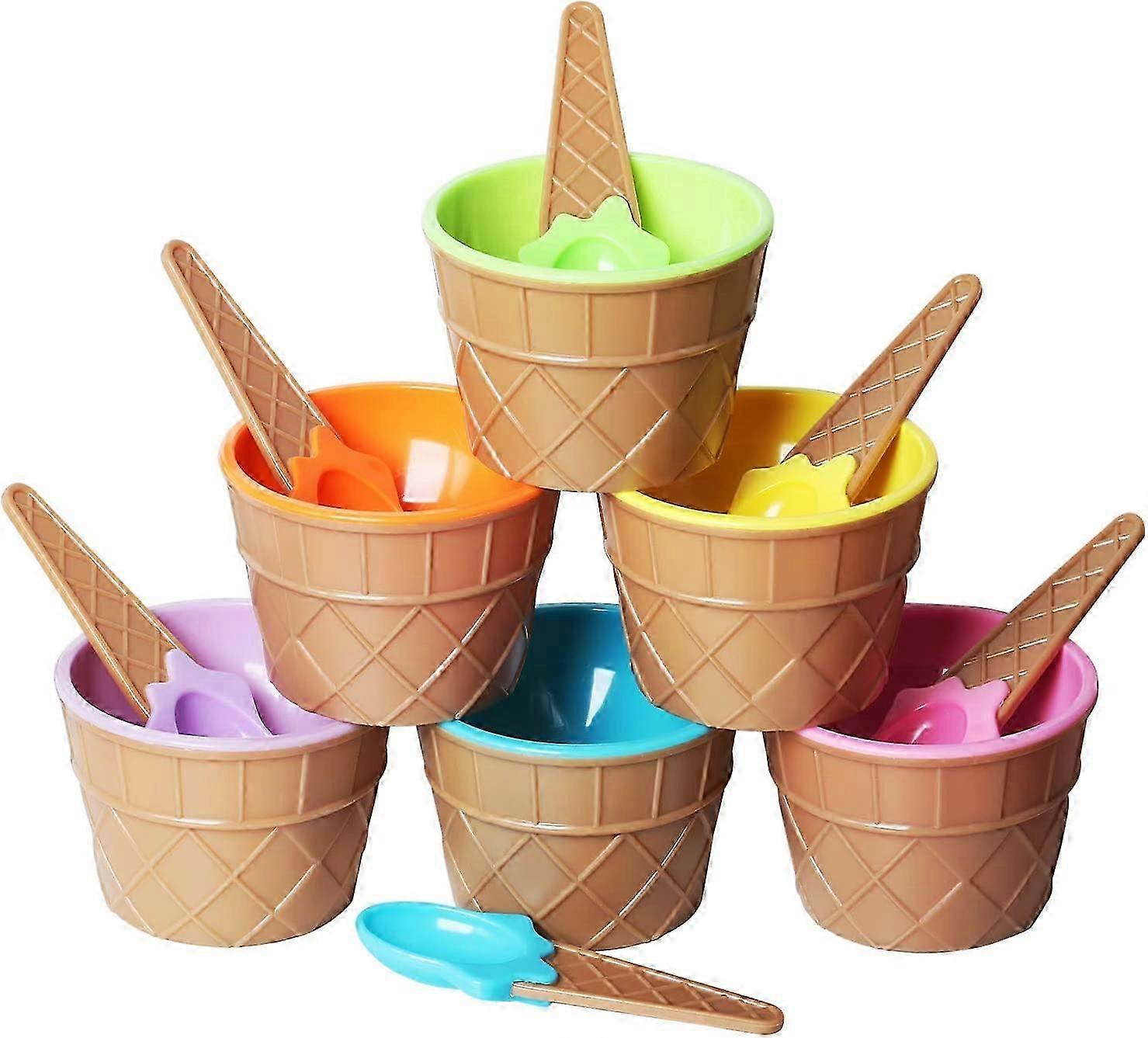 Set of 6 Plastic Ice Cream Cone Dessert Bowls with Matching Spoons, Wafer Design