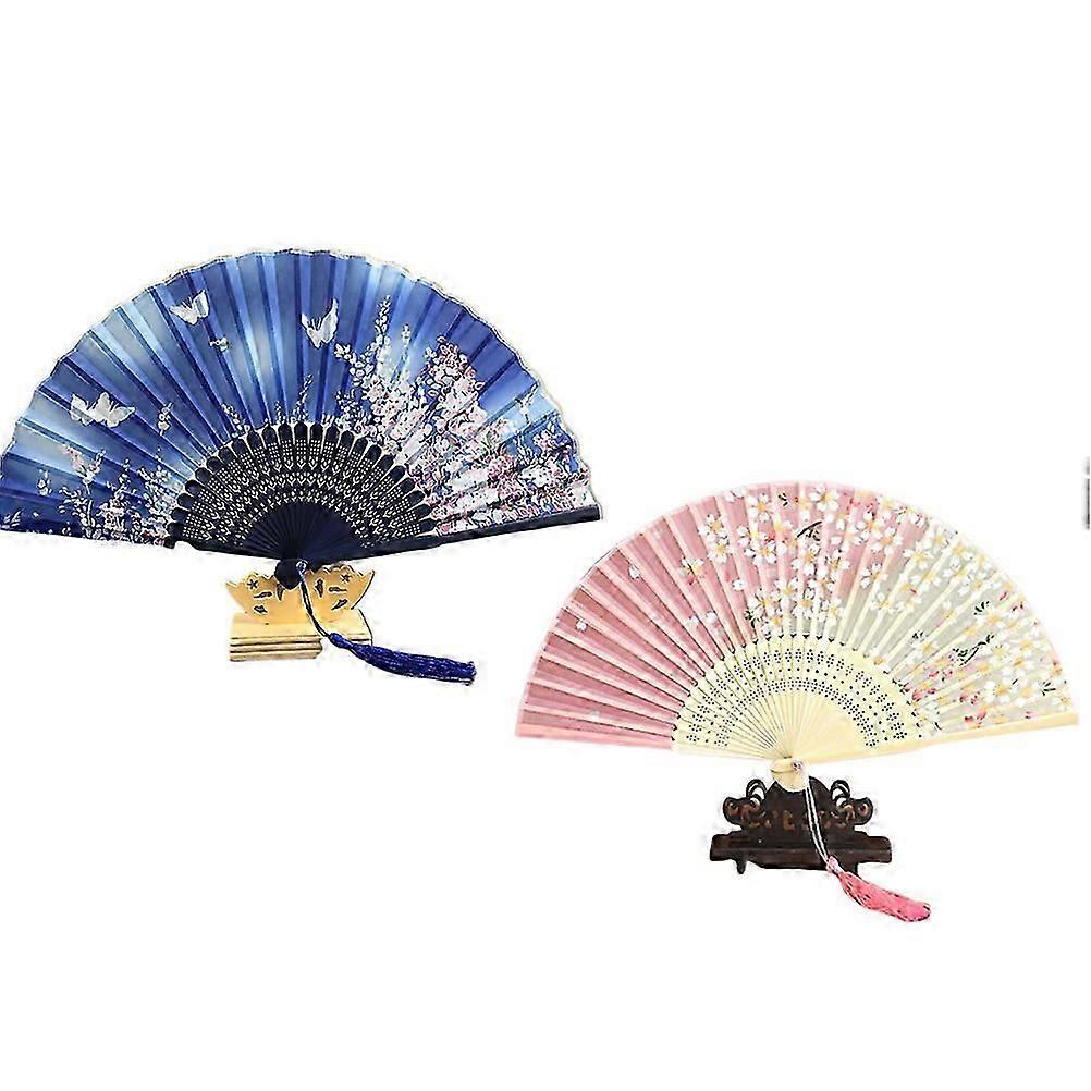 2pcs Tassel Folding Fan Handheld Fan Craft Dancing Performance Folding Fan (Blue Frame Blue Surface,Pink Cherry Blossom)