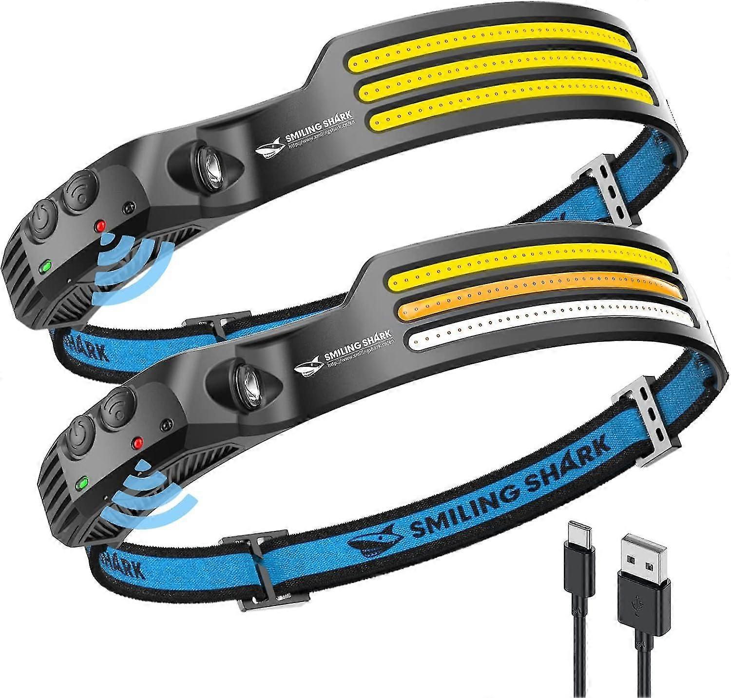 Smiling Shark Headlamp, 2 Pieces 230 Wide Angle 3*LED Multi-Color Light Strips Rechargeable and Waterproof Motion Sensor for Camping Hiking, LED-Headl