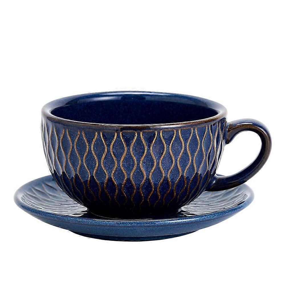 Vintage Embossed Blue Cappuccino Cup and Saucer Set, 12 oz Ceramic Coffee Mug, Elegant Design for Home or Office