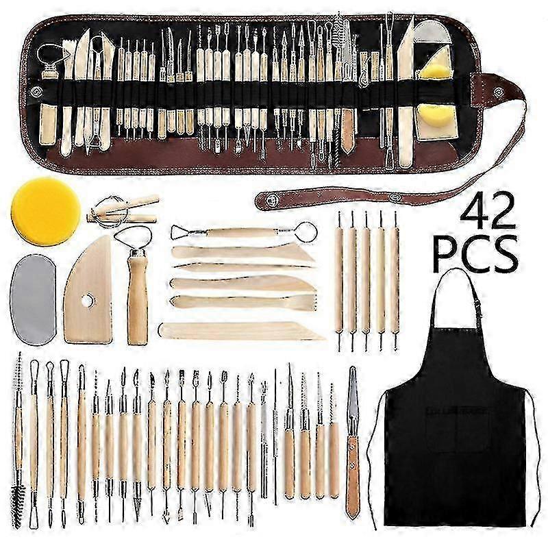 Outils de sculpture en poterie Ensemble de 42 pièces avec couteau à sculpter l’argile, stylo d’indentation et manche en bois
