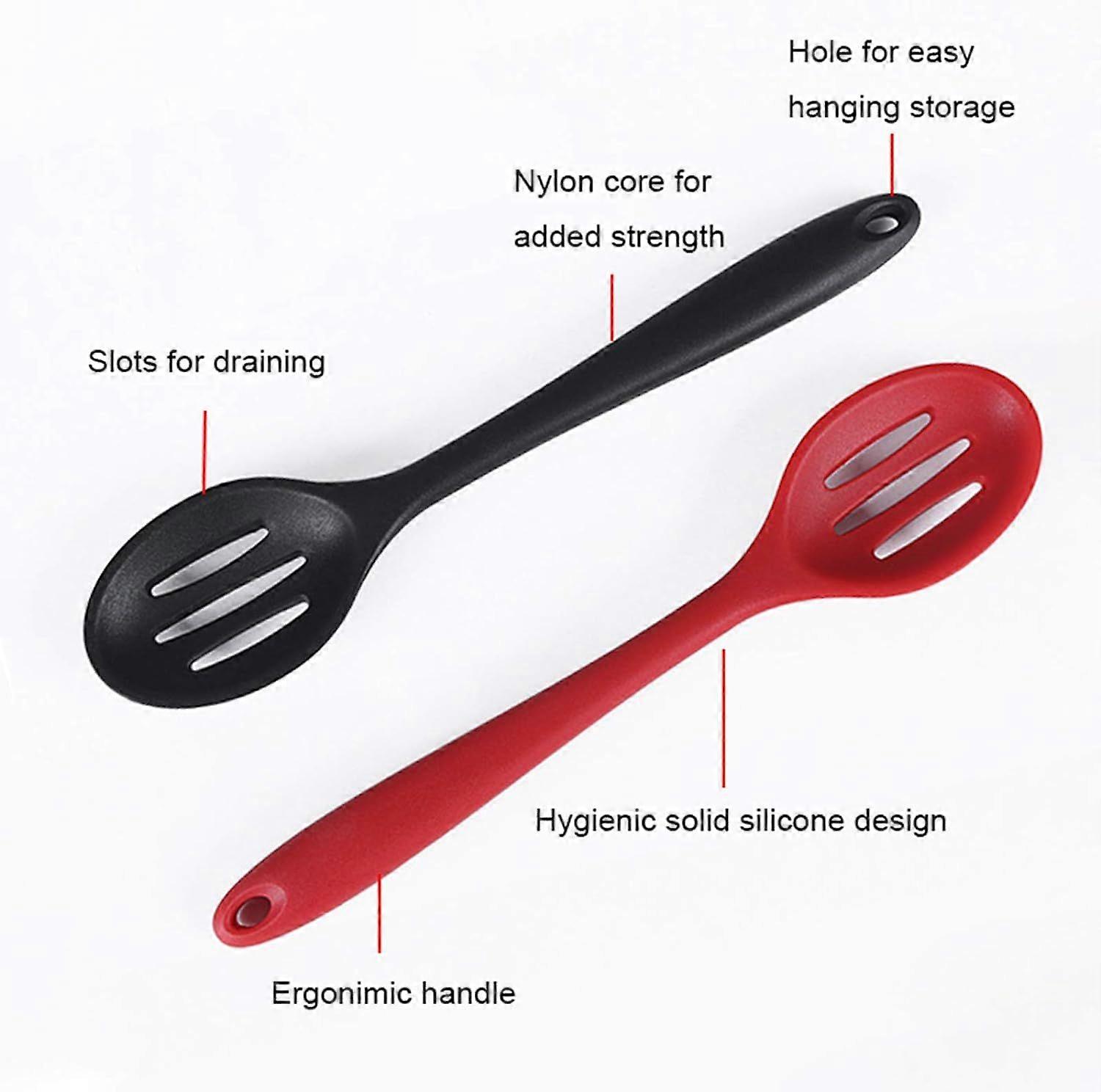 Silicone Nonstick Slotted Spoons Set 2,High Heat Resistant, Hygienic Design Cooking Baking Spoons Set for Cooking Stirring, Mixing and Serving,Red and