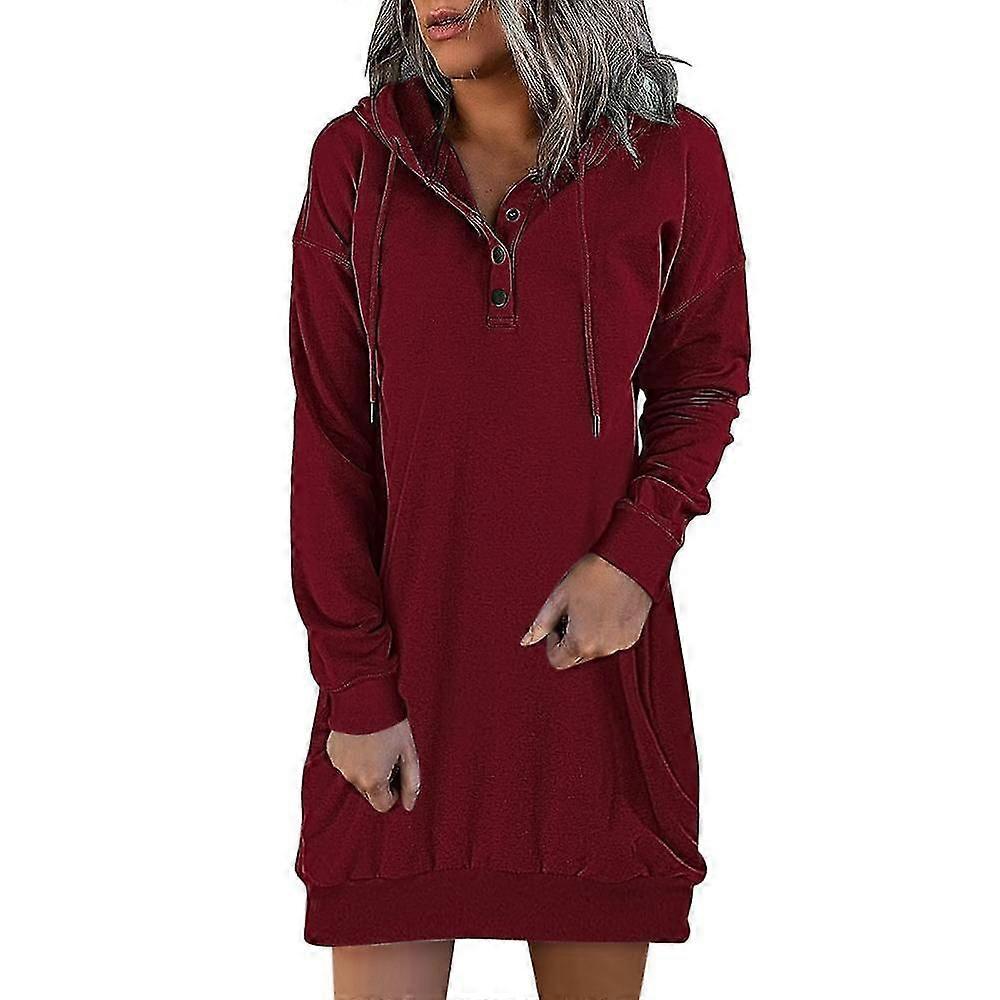Vintage Women Solid Hoodies Dress Autumn Winter Button Loose Hooded Sweatshirt  Dress Long Sleeve Harajuku Long Tops Tunic | Fruugo UK