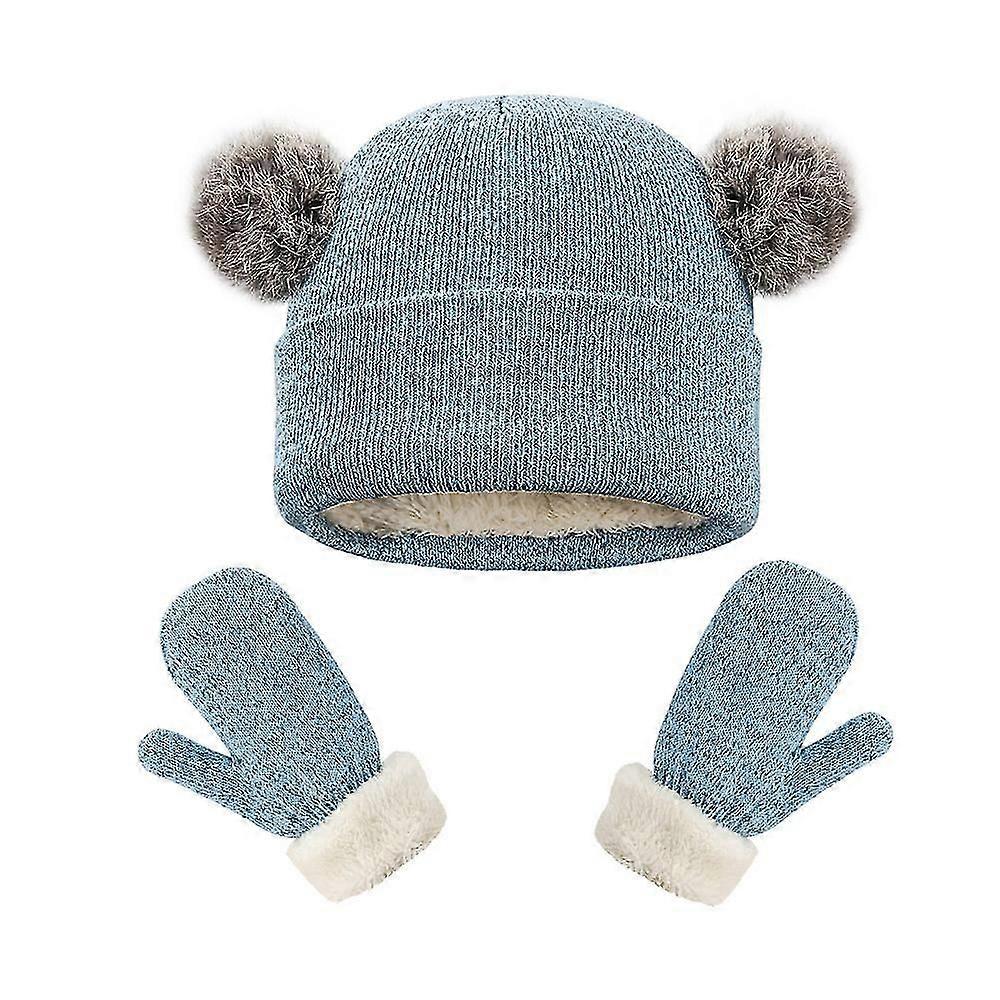2 Pcs Children's Knitted Hats + Gloves Solid Colour Winter Warm Hat
