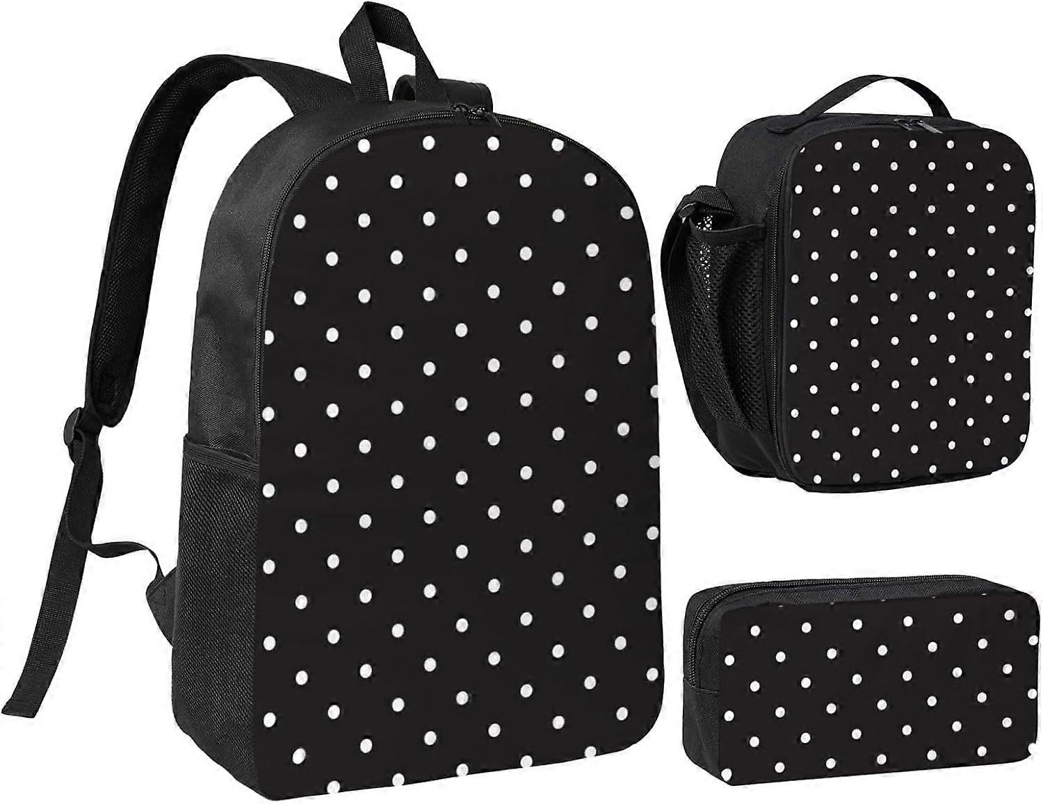 White Dot Pattern 17 Inch School Backpack Set with Pencil Case and Lunch Bag,Matching Print Design