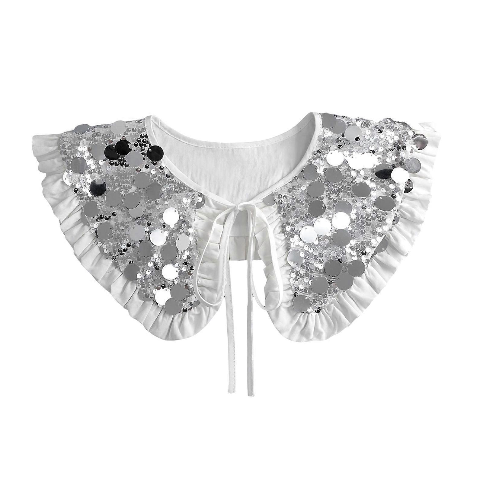 Elegant Women's Detachable Ties Bows False Collar Neck Ruff Sparkling Sequins Pleated Ruffle Mini Shawl Cape Accessory