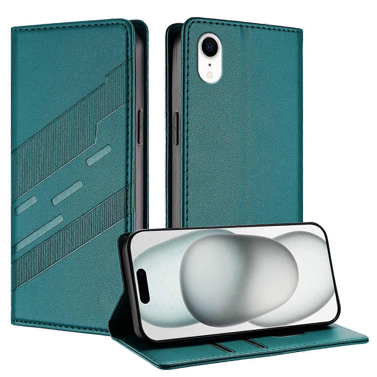 Case For Iphone XR,Soft PU Leather Folio Flip Kickstand Shockproof Phone Case-Dark Green