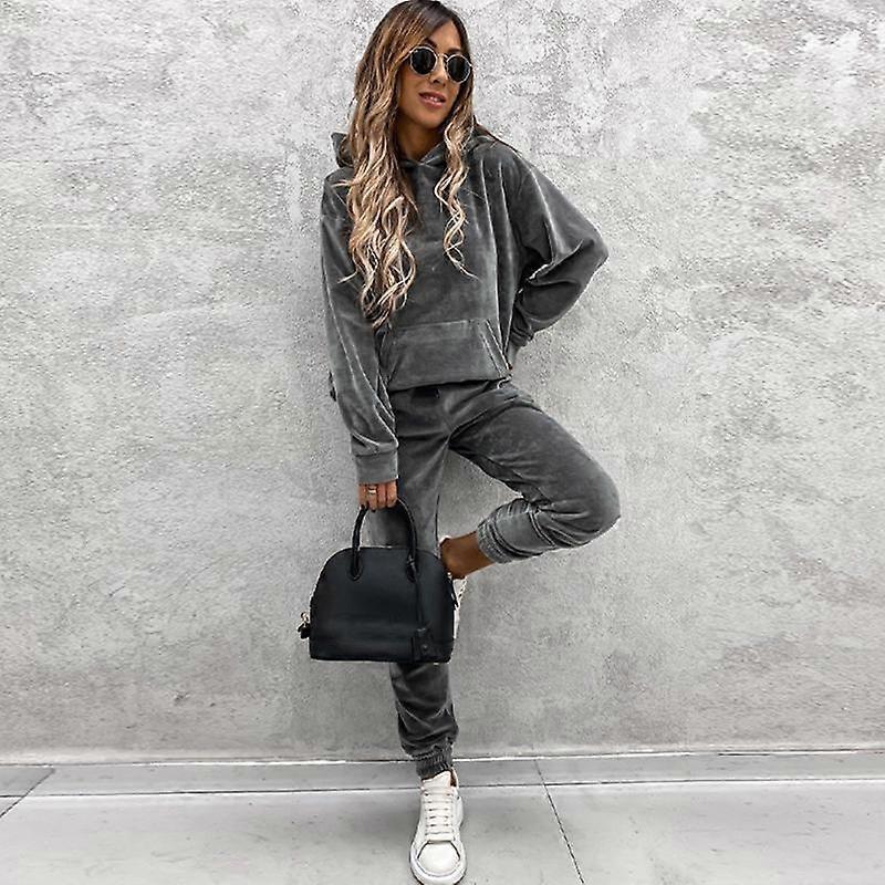 Women Autumn Winter Velvet Tracksuit Suit Elegant Soft Pocket Hoodie Loose Elastic High Waist SweatpantsTwo Piece Set