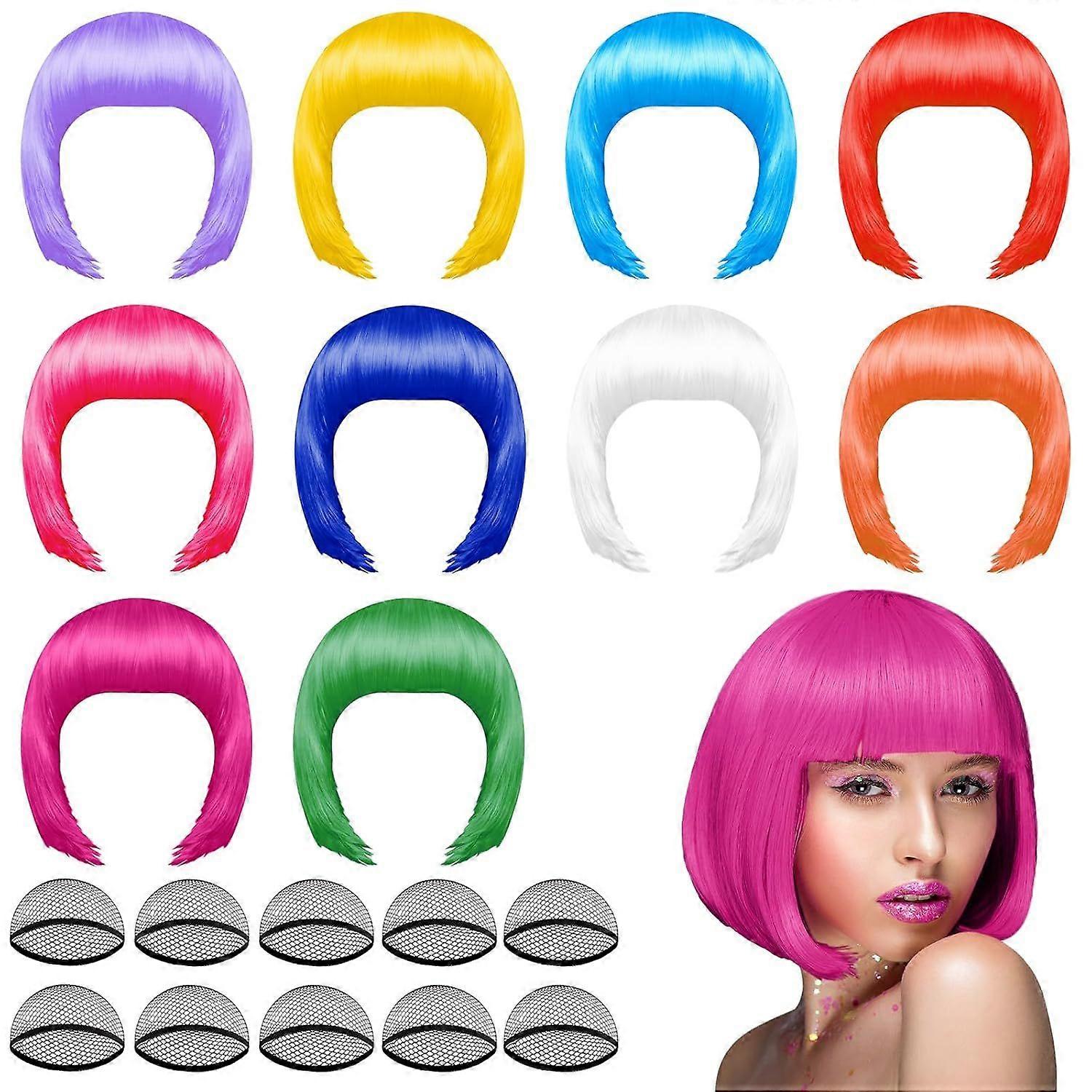 2025 Latest Model 10 Pieces Party Wigs and 10 Pieces Wig Caps Set, Neon Short Bob Wig Pack