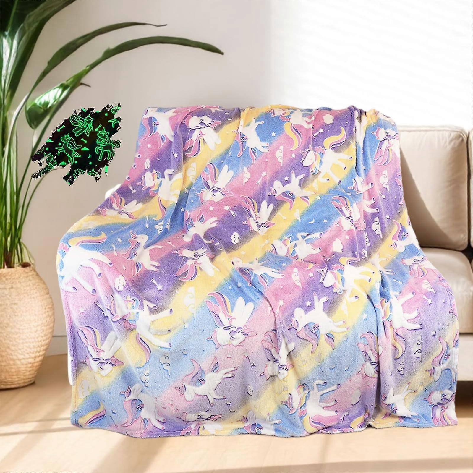 Rainbow Unicorn Blanket, Cuddly Glow in the Dark, Soft Fluffy Blanket,  Gifts