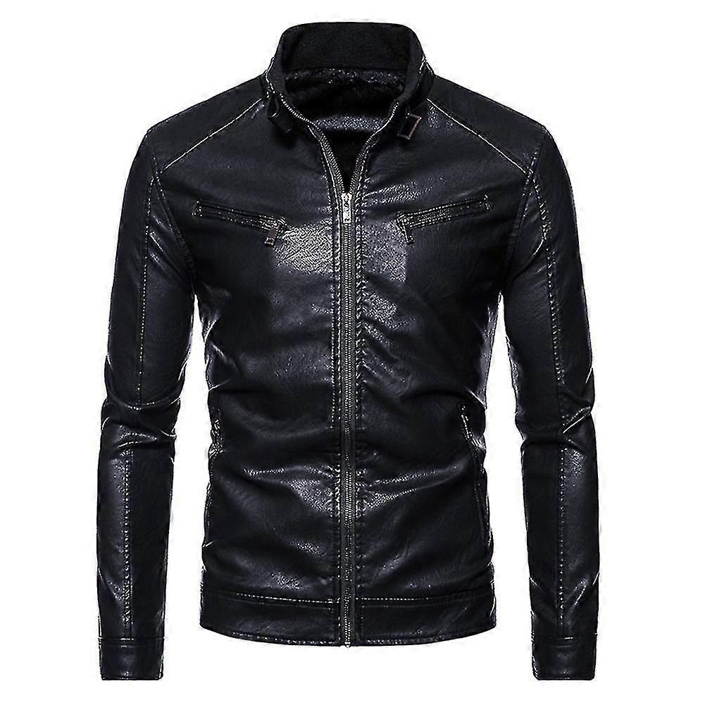 Men's Slim Solid Color Stand Collar Pu Leather Jacket