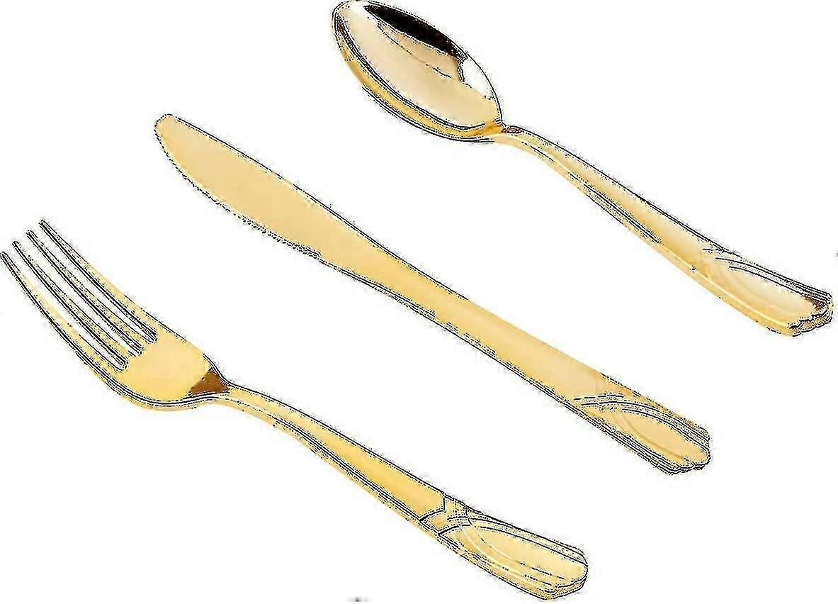 طقم أدوات المائدة البلاستيكية الذهبية القابل للتصرف 150 قطعة - 50 شوكة ، 50 سكاكين ، 50 ملعقة