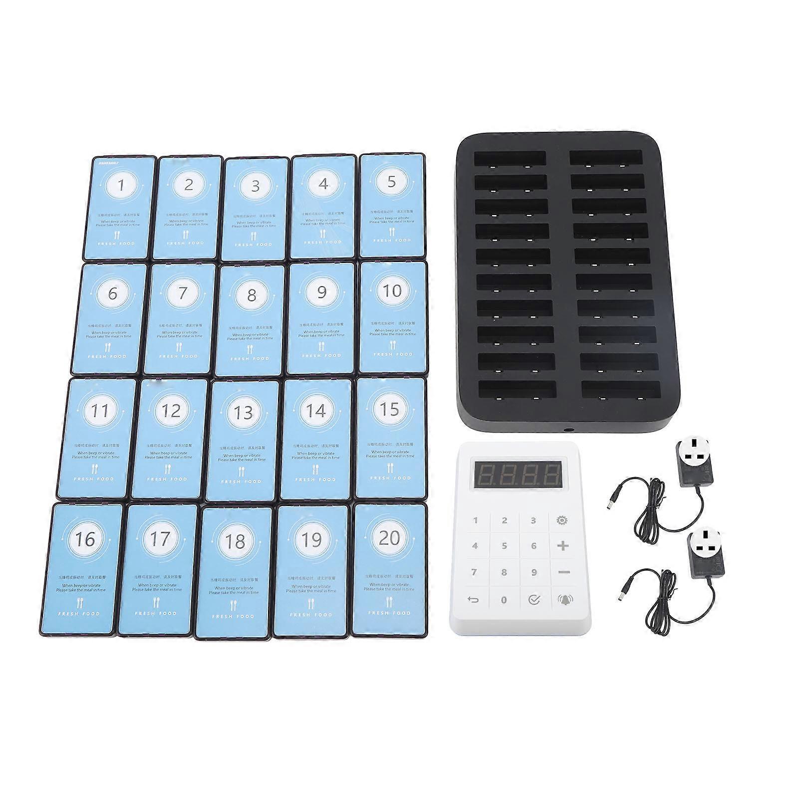 Wireless Restaurant Pager Set: 20 Buzzers with Vibration, Flash & Beep, 700m Range, Keyboard & UK Plug