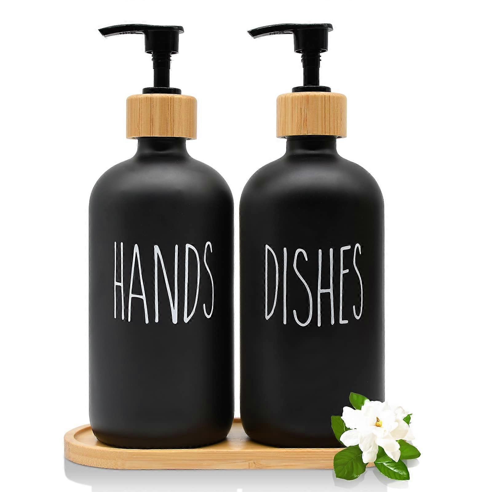 Black Matt Hand Soap Dispenser Set with Wooden Tray, 500 ml