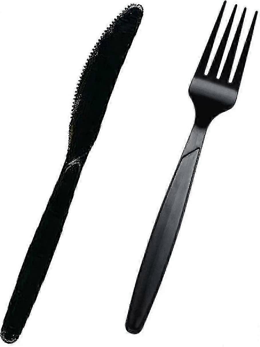 200 Pc Set Premium Quality Black Plastic Cutlery | 100 Forks + 100 Knives | Reusable Heavy Duty Plastic Cutlery For Parties, Everyday Tableware Dinner
