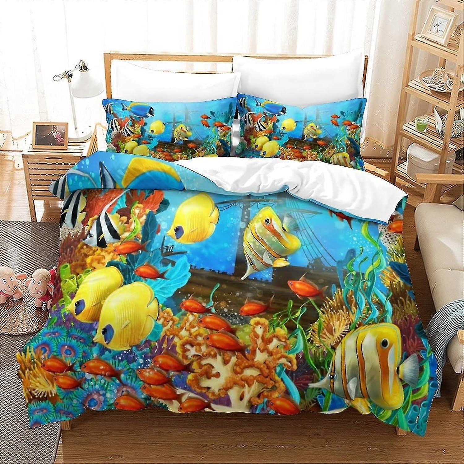 Underwater World 3 Piece Soft Duvet Cover Set with Pillowcase and Zipper Closure, Allergy Prevention Bedding Suitable for All