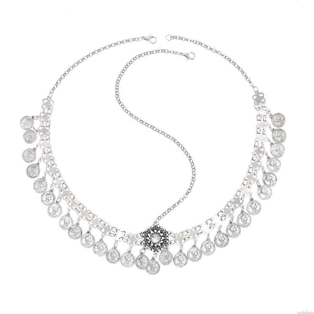Gold Ethnic Style Headpiece, Alloy Rhinestone Forehead Chain with Coin Tassels for Women, Silver Color