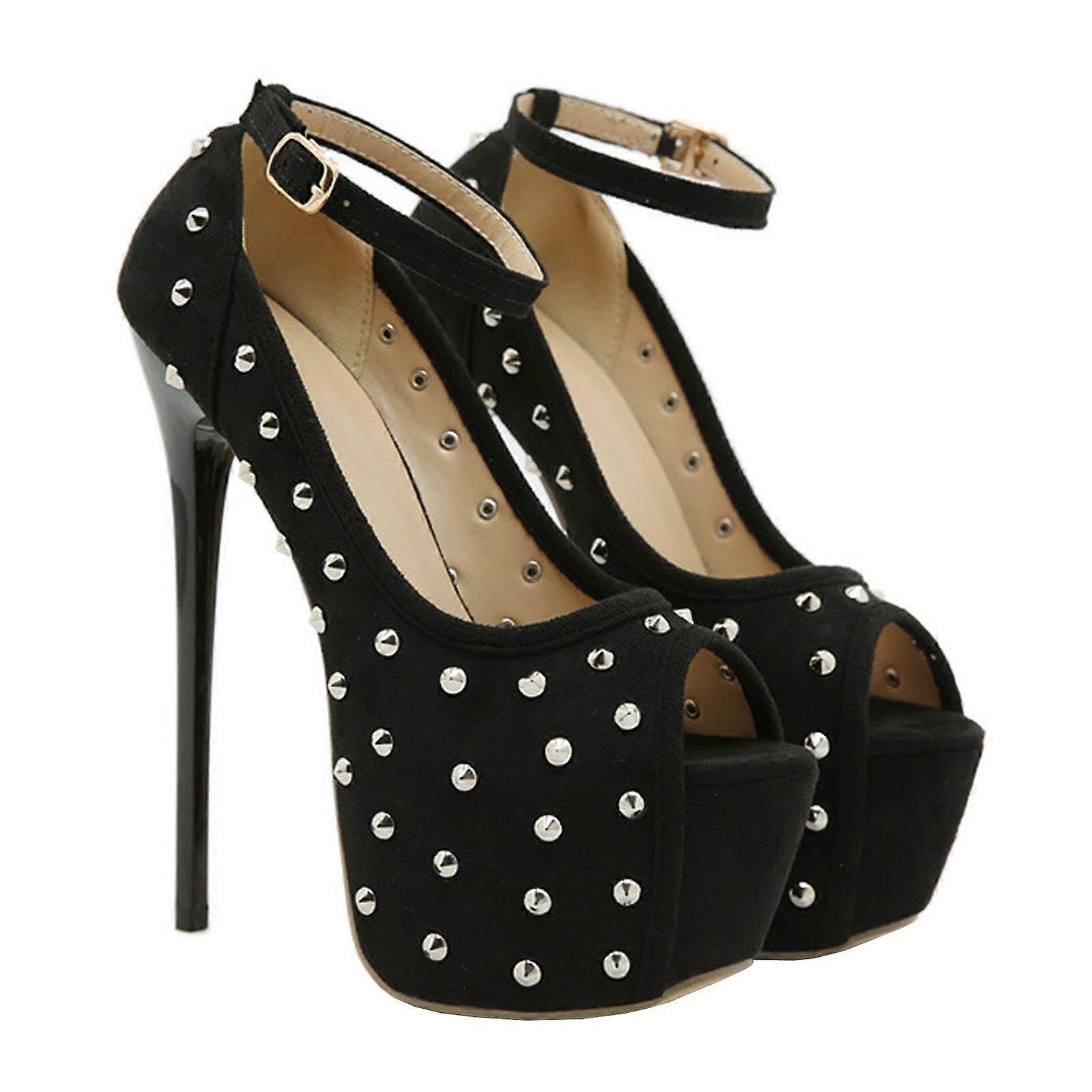 Heels Women's Platform Stiletto Sandals Peep Toe Studs Ankle Strap Pumps Wedding Party Evening Dress Shoes 16 cm Black38 Black 38