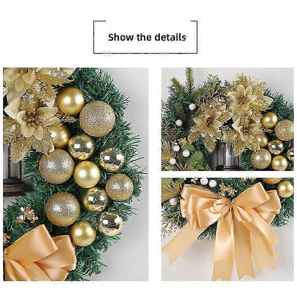 2024 ゴールドボールフラワークリスマスリースガーランド ライト付き 玄関用 クリスマスツリー パインラタンリース 吊り下げオーナメント 新年