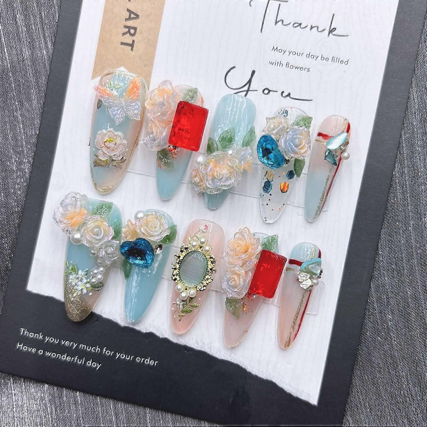 Press on Nails Rose Butterfly Cat Eye Handmade Glue on Nails