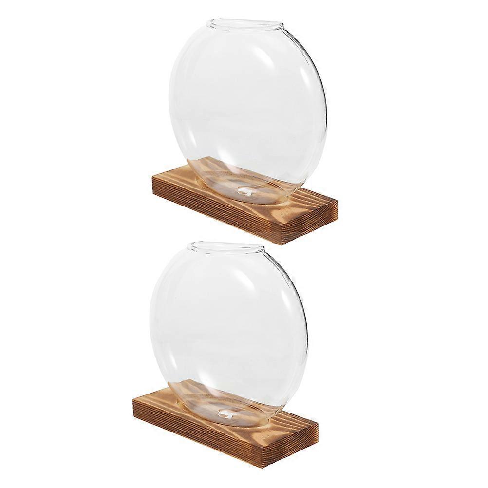 Plant Propagation Station Hydroponic Glass Vase Wooden Base Round Shape Transparent Home Decor Space-saving Greenery 2Pcs