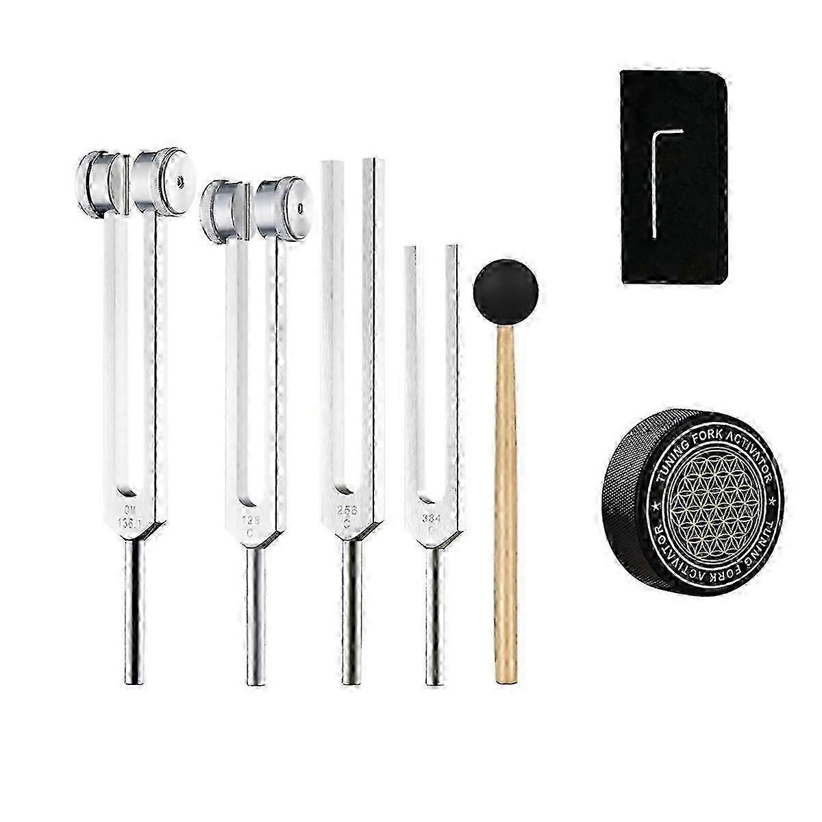 Chakra Sound Therapy Healing Tuning Fork Set with 128Hz 136.1Hz 256Hz 384Hz Frequencies and Hockey Puck Activator