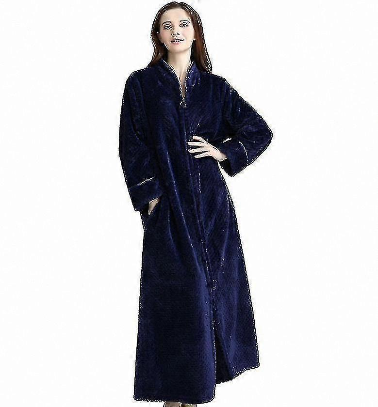 Women's Cozy Flannel Fleece Bathrobe with Zipper Winter Warm Nightgown Housecoat