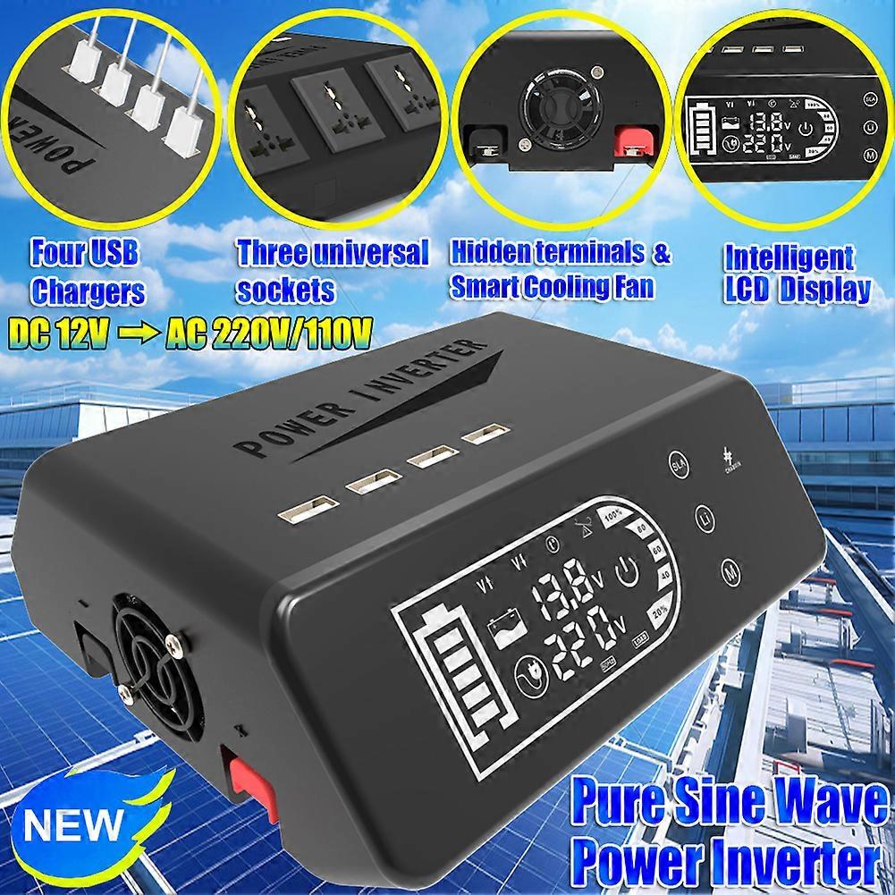 Pure SineWave Portable Inverter Car Power Inverters Voltage Transformer 1000W Car Power Converter USB Rechargeable LCD Display Auto Inverters