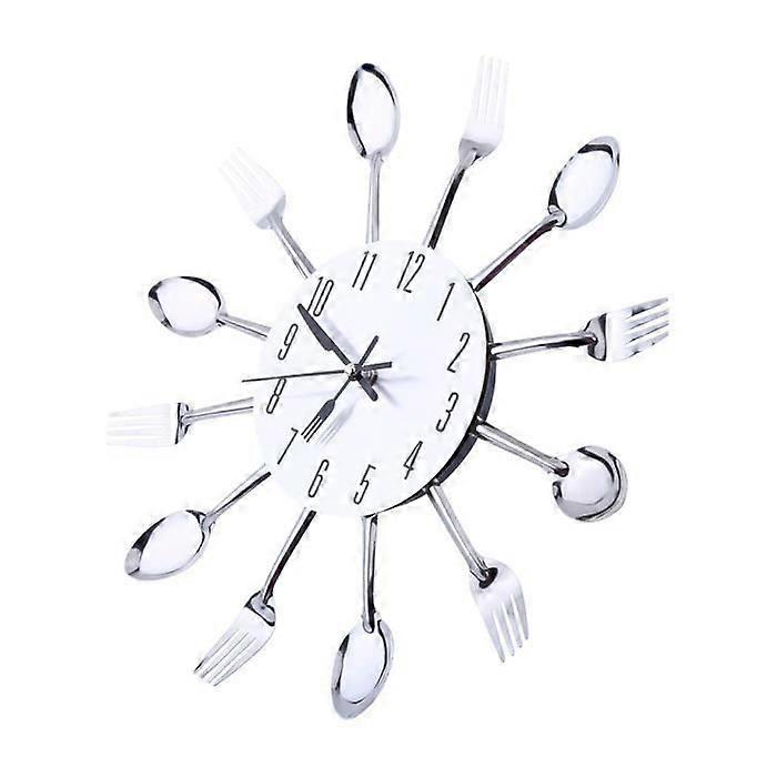 Kitchen Wall Clock, Large 3D Mirror Surface Silver Modern Design Cutlery Kitchen Utensils Spoon Fork