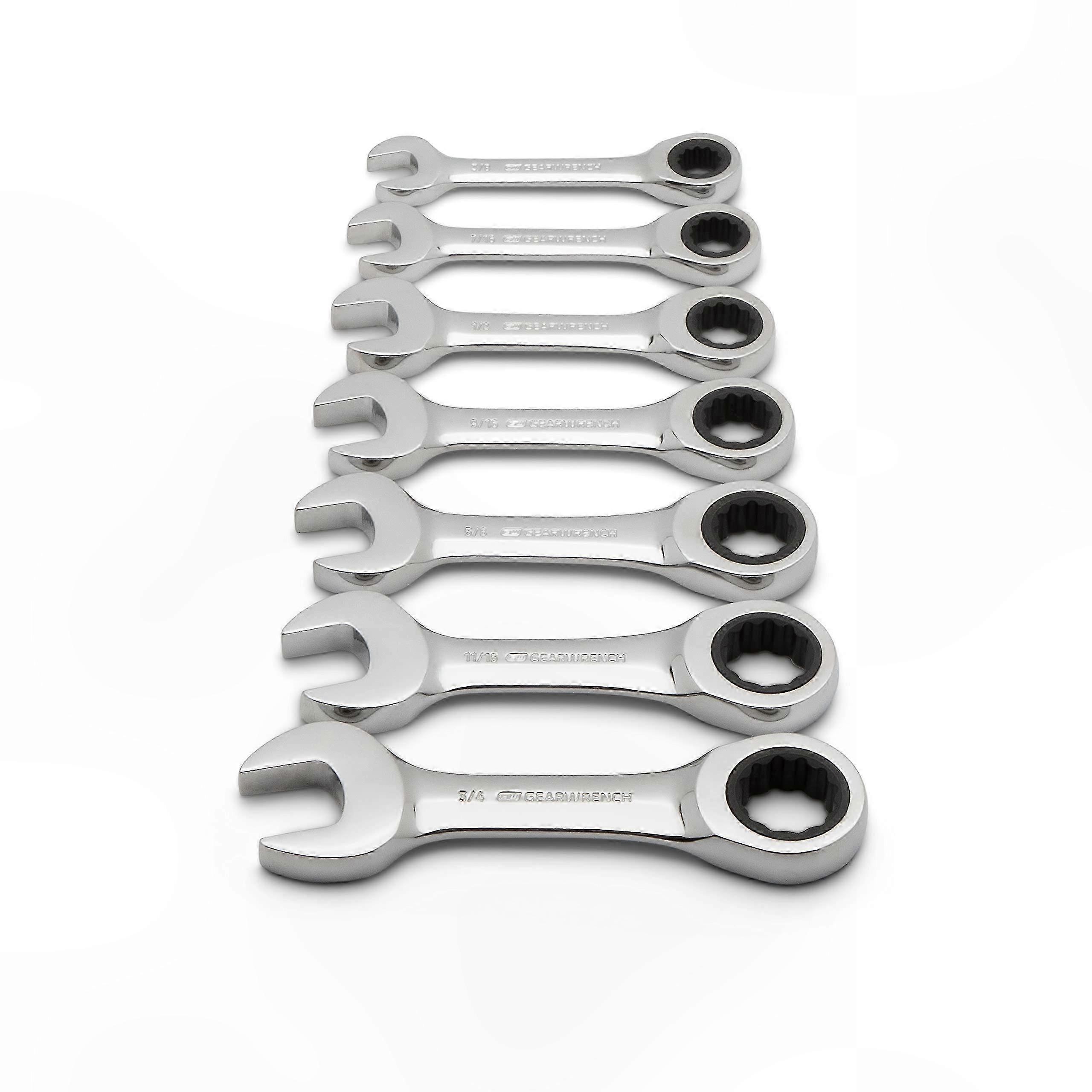 7-Piece SAE Stubby Ratcheting Wrench Set with 12-Point Combination Design