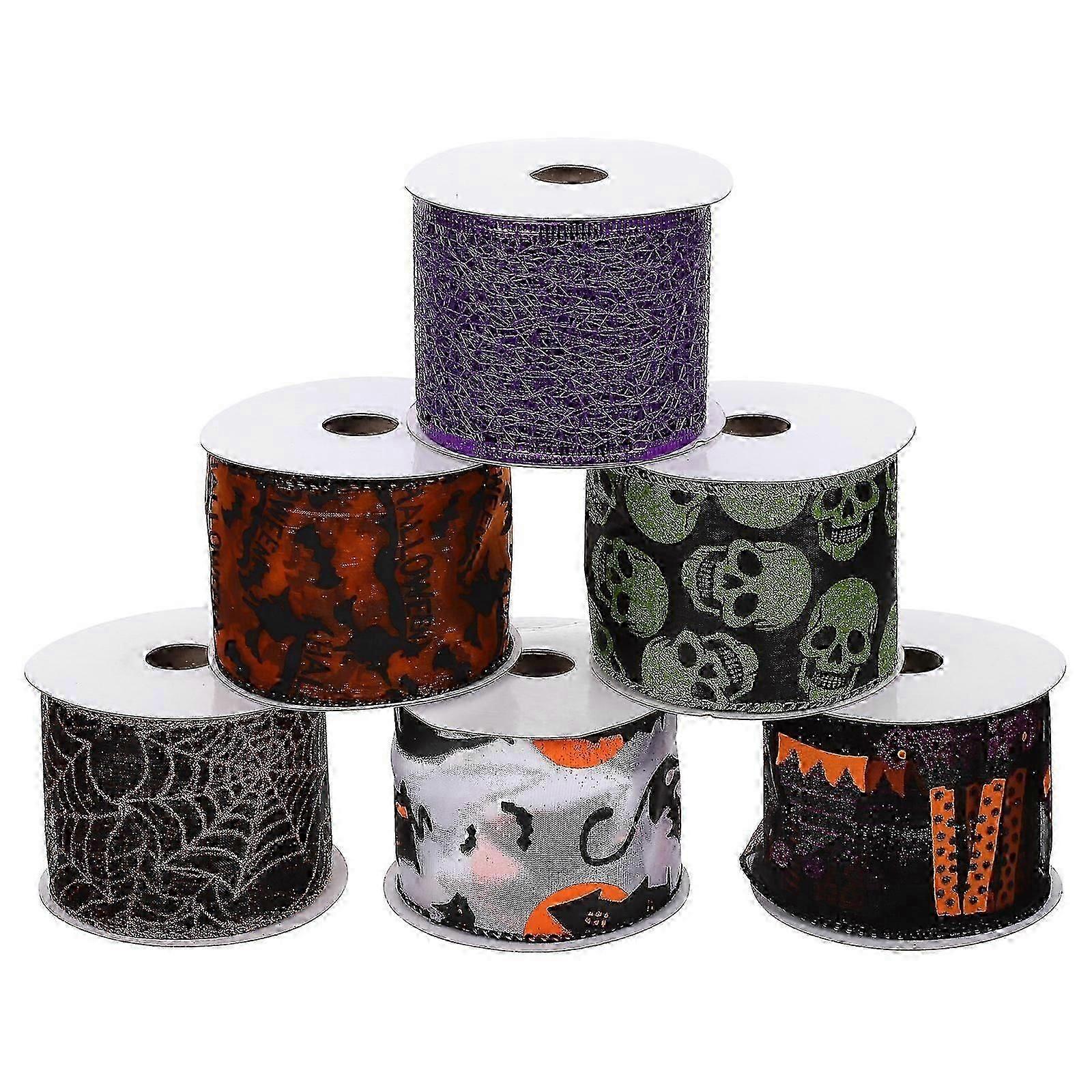 Wired Edge Ribbons Halloween Design Assorted Color 540X6.3cm Floral Projects 6 Rolls