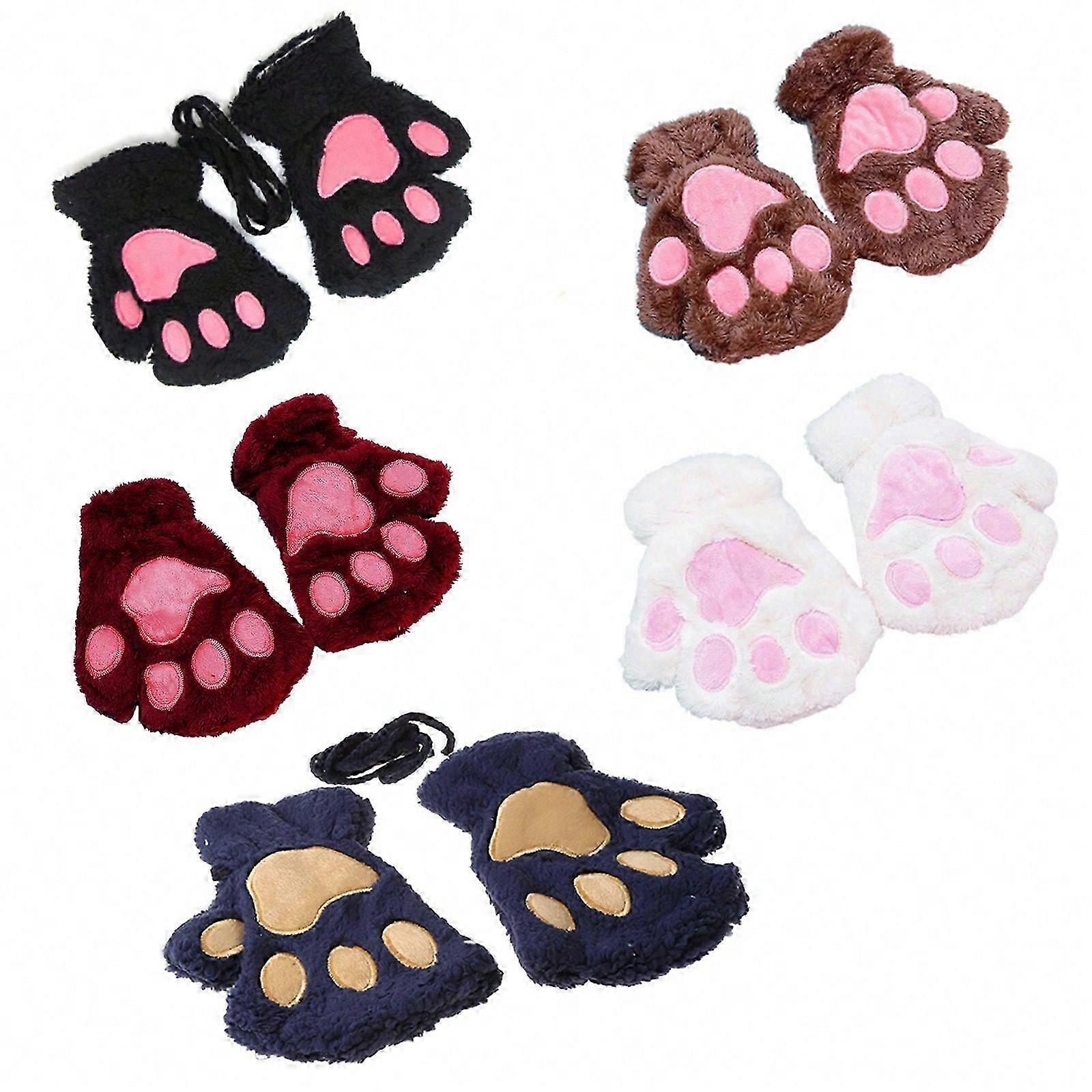 Cute for Cat Paw Gloves Kawaii Bear Claw Cosplay Faux Fur Plush Fingerless Mittens with Hanging String for Girls Women Coffee