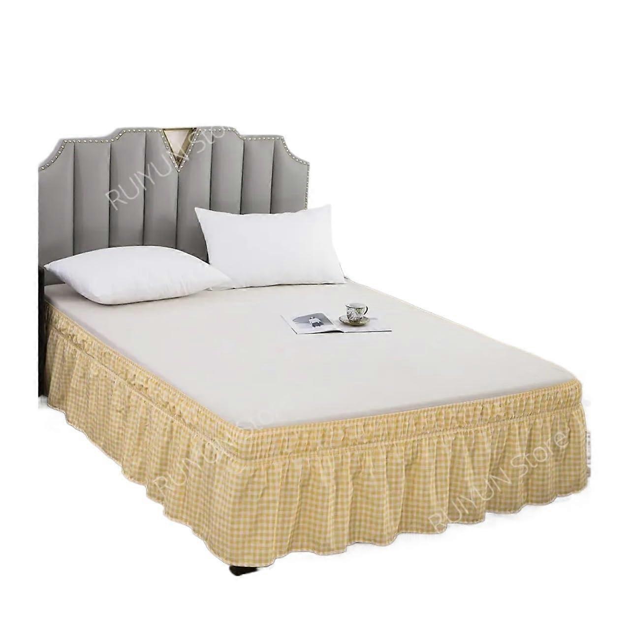 Plaid Bed Skirt King Size Yellow Wrap Around Ruffled Design without Surface Elastic Band 198x203x38cm