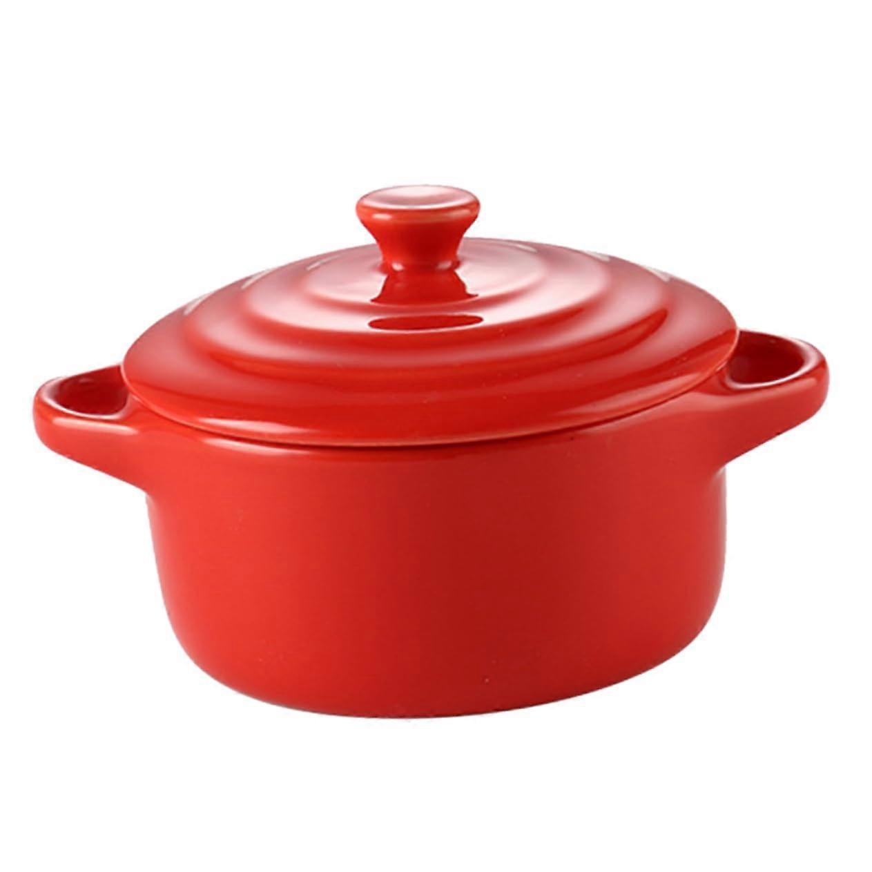 Ceramic Stew Bowl With Lid Double Handle Microwave Safe 13x9.8x7.5 cm Red For Soups Stews And More