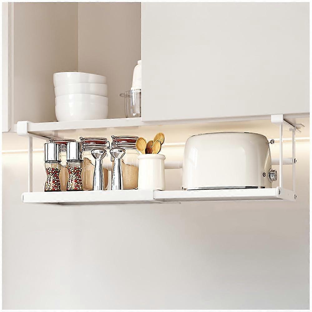 Expandable Under Shelf Storage, Adjustable UnderCabinet Hanging Shelf, Metal UnderShelf Shallow Rack Basket, White