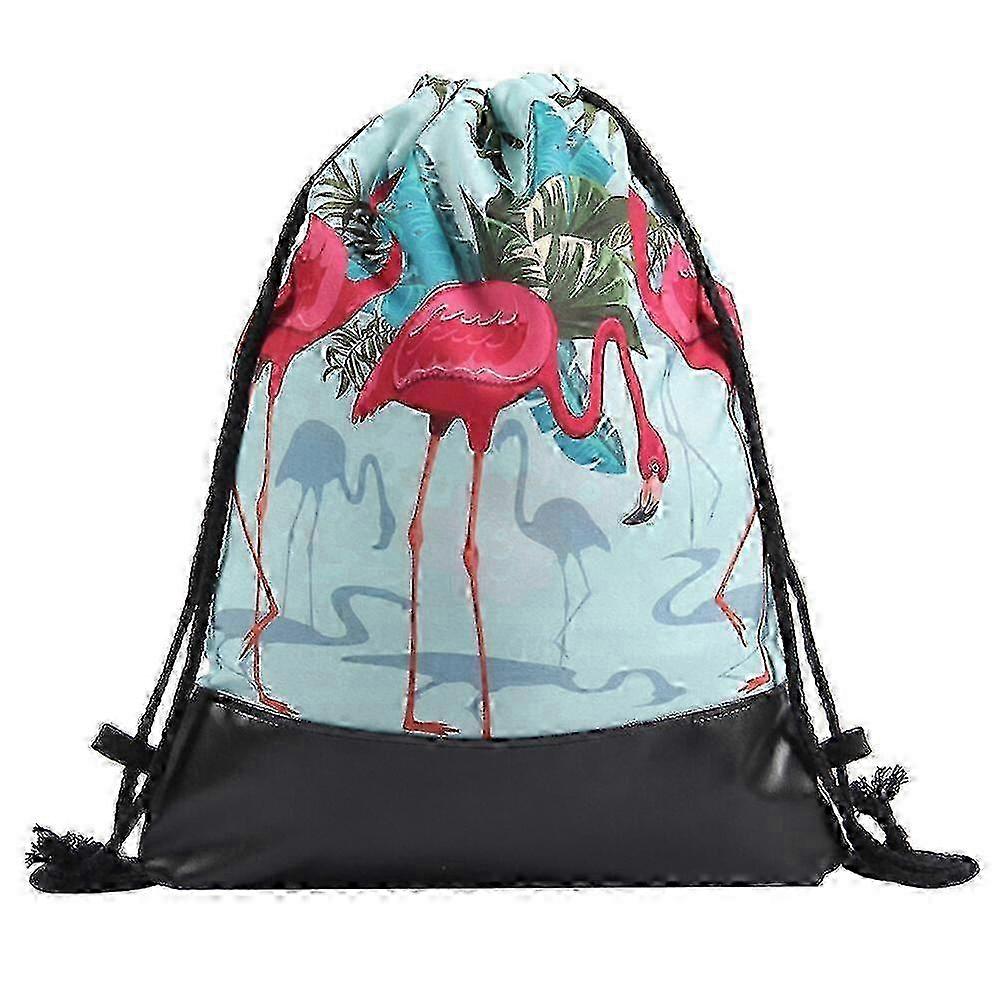 1pc Drawstring Bag with 3D Flamingo Design, PU Bottom Backpack for Travel and Shopping